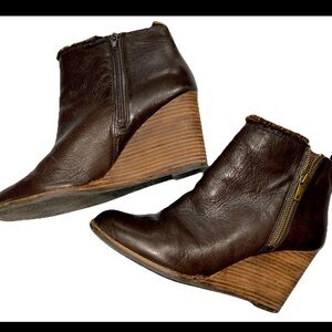 Lucky Brand Dark BROWN Leather Double Zipper high wedge Ankle Boots women’s  10